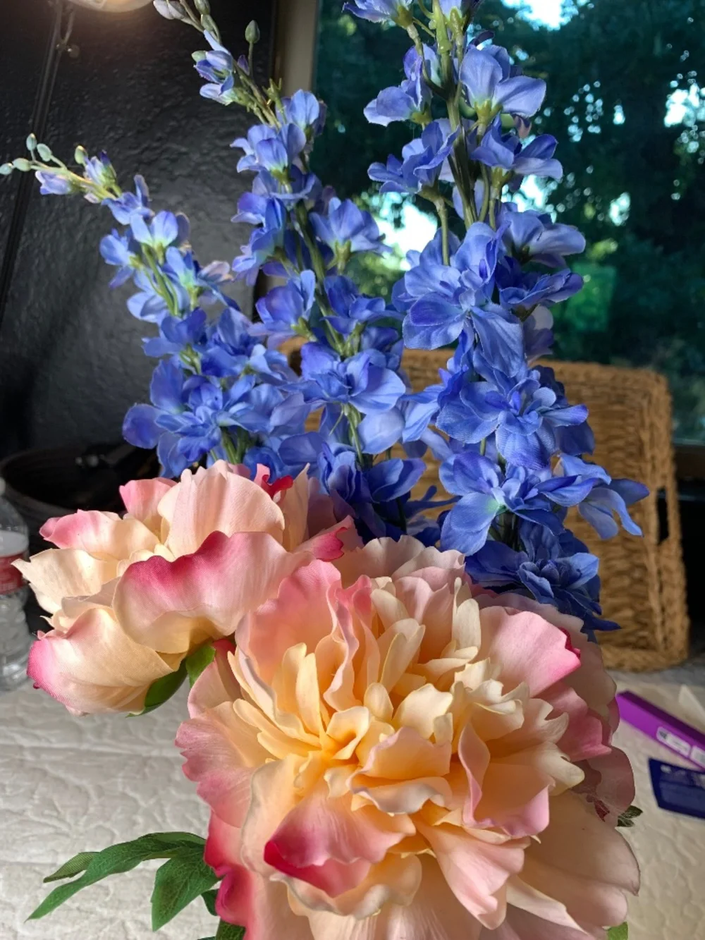 5 Faux floral stems-blue Delphiums, peachy pink peonies.